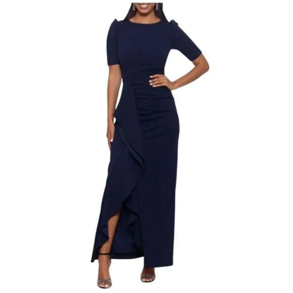 NWOT XSCAPE Ruffle Ruched Maxi Dress Sz 12 - Picture 1 of 10